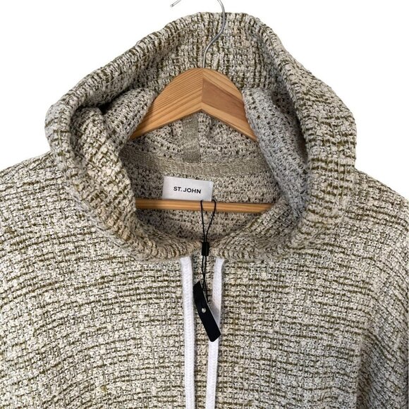 St. John Long Hoodie Sweater Bouclé In Ecru Melange Tweed Knit Hooded Sweatshirt - Picture 9 of 17